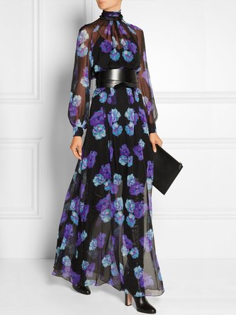 Elegant Floral Stand Collar Long Sleeve Maxi Dress