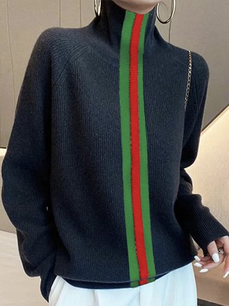 Plus Size Long Sleeve Urban Color Block Loose Acrylic Sweater