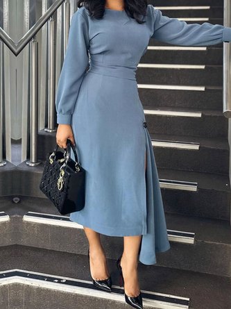 Elegant Crew Neck Regular Fit Plain Long Sleeve Dress