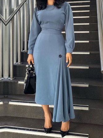 Elegant Crew Neck Regular Fit Plain Long Sleeve Dress