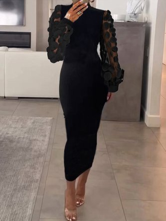 Elegant Plain 3D Floral Sheer Mesh Patch Regular Fit Dress