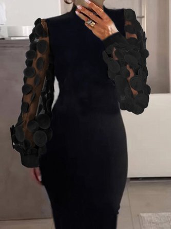 Elegant Plain 3D Floral Sheer Mesh Patch Regular Fit Dress