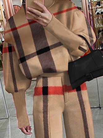 Half Turtleneck Urban Plaid Loose Sweatshirt