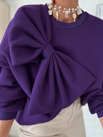 Daily Casual Bow Plain Loose Sweatshirt