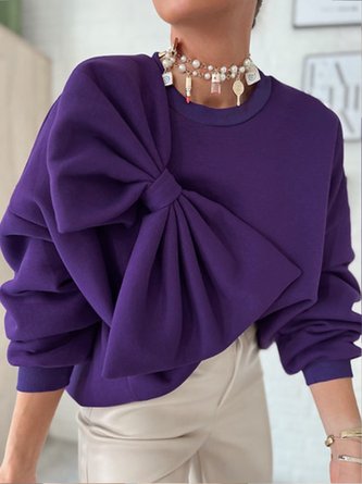 Daily Casual Bow Plain Loose Sweatshirt