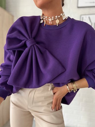 Daily Casual Bow Plain Loose Sweatshirt