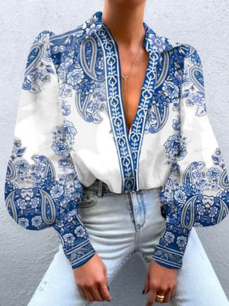 Urban Shirt Collar Lantern Sleeve Paisley Print Loose Blouse