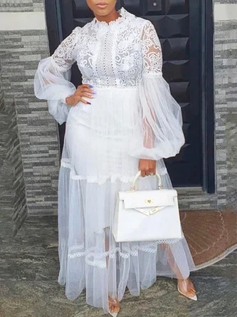 Elegant Lace High Waist Midi Dress With No Belt