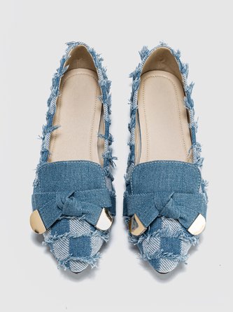 Fashionable Denim Plaid Fringe Bowknot Flat Shallow Shoes