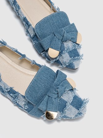 Fashionable Denim Plaid Fringe Bowknot Flat Shallow Shoes