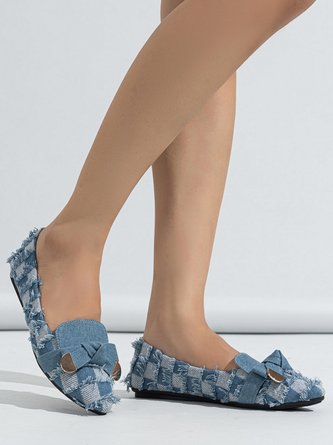 Fashionable Denim Plaid Fringe Bowknot Flat Shallow Shoes