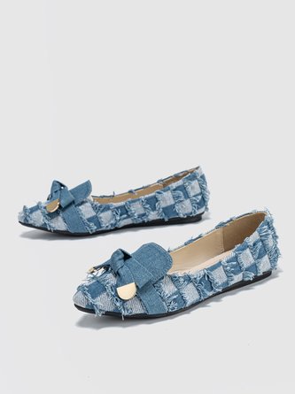 Fashionable Denim Plaid Fringe Bowknot Flat Shallow Shoes