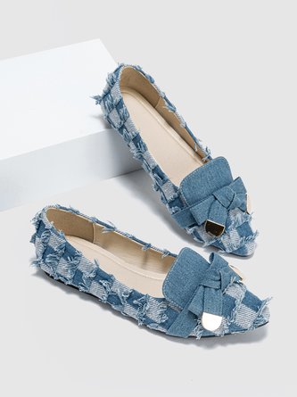 Fashionable Denim Plaid Fringe Bowknot Flat Shallow Shoes