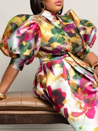 Puff Sleeve Floral Urban Shirt Collar Satin Blouse