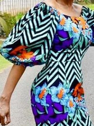 Crew Neck Floral Half Sleeve Elegant Midi Dress