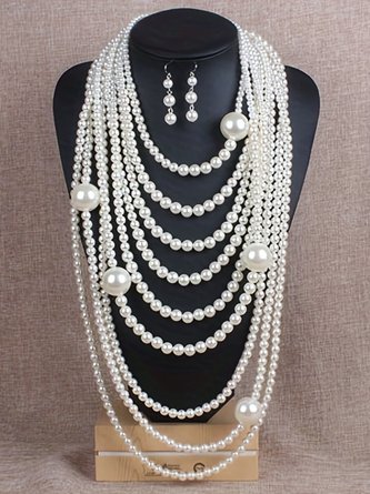 Elegant Jewelry Set Faux Pearl Handmade Beaded Multilayer Necklace And Earrings