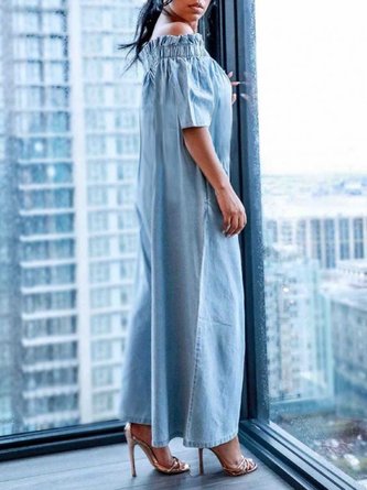 Casual Cold Shoulder Loose Denim Jumpsuit