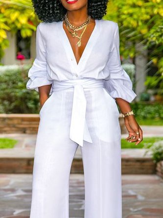 Urban Puff Sleeve Regular Fit Plain V Neck Shirt With No Belt