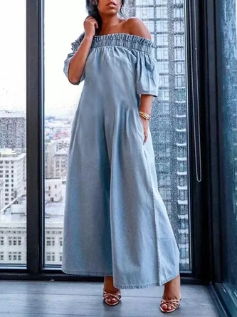 Casual Cold Shoulder Loose Denim Jumpsuit