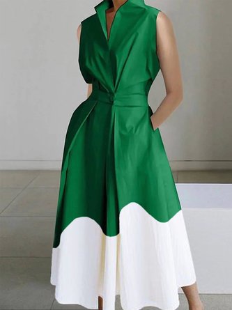 Color Block Casual Regular Fit Sleeveless Shirt Dress