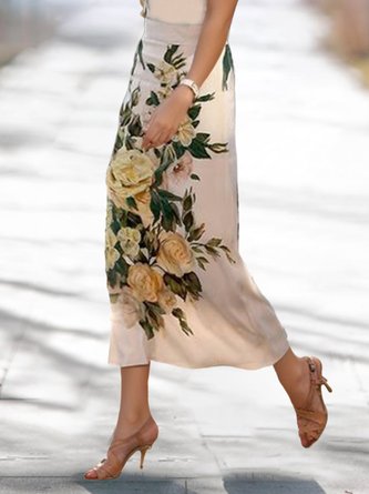 Crew Neck Elegant High Waist Floral Dress