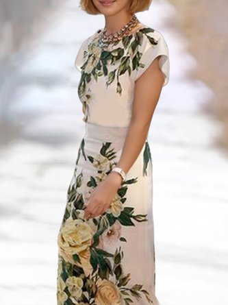 Crew Neck Elegant High Waist Floral Dress