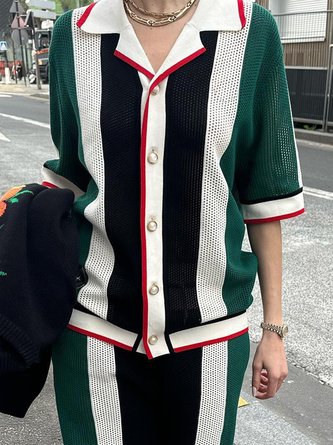 Loose Lapel Collar Color Block Urban Half Sleeve Blouse
