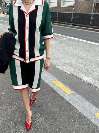 Loose Lapel Collar Color Block Urban Half Sleeve Blouse