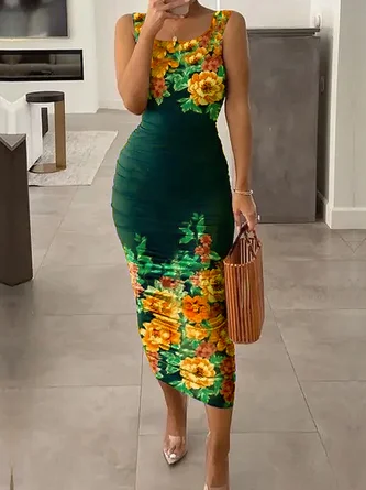 High Elasticity Floral Elegant Crew Neck Sleeveless Tight Midi Dress