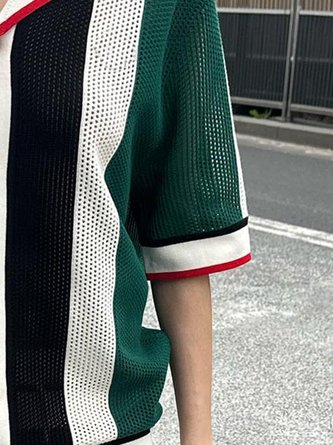 Loose Lapel Collar Color Block Urban Half Sleeve Blouse