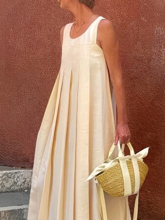 Daily Casual Plain Loose Crew Neck Pleated Dress