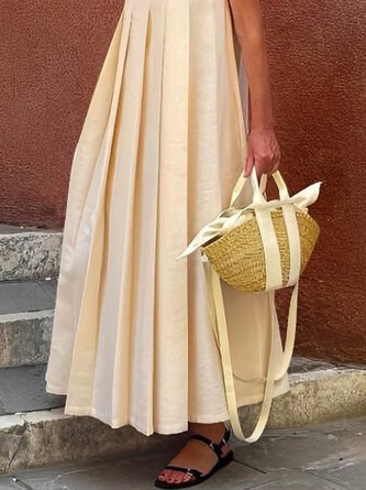 Daily Casual Plain Loose Crew Neck Pleated Dress