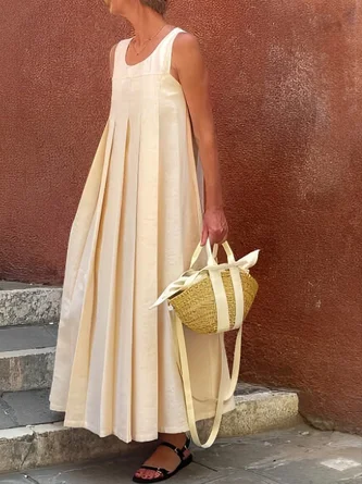 Daily Casual Plain Loose Crew Neck Pleated Dress