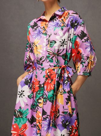 Vacation Floral Button-Front Belted Shirt Dress with Pocket