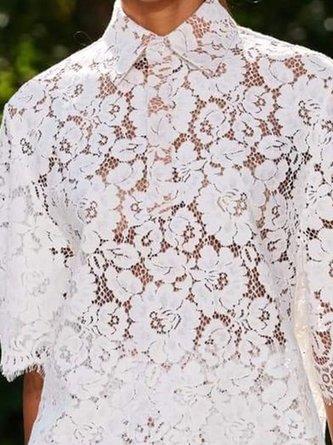 Loose Elegant Shirt Collar Sophisticated Lined Lace Blouse