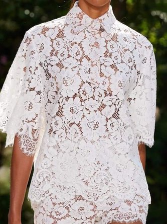 Loose Elegant Shirt Collar Sophisticated Lined Lace Blouse