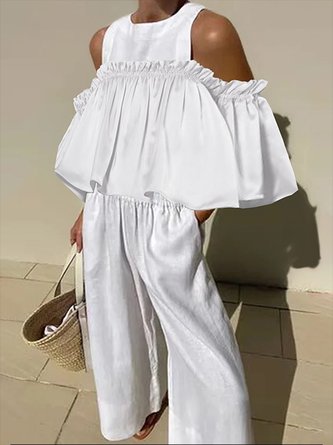 Casual Linen Cold Shoulder Flouncing Loose Shirt