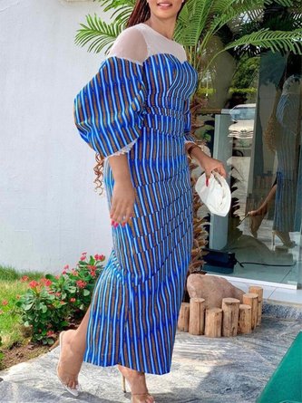 Striped Elegant Puff Sleeve Crew Neck Dress
