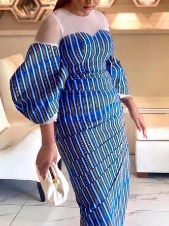 Striped Elegant Puff Sleeve Crew Neck Dress