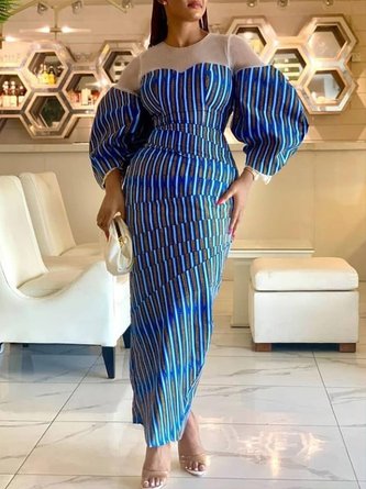 Striped Elegant Puff Sleeve Crew Neck Dress