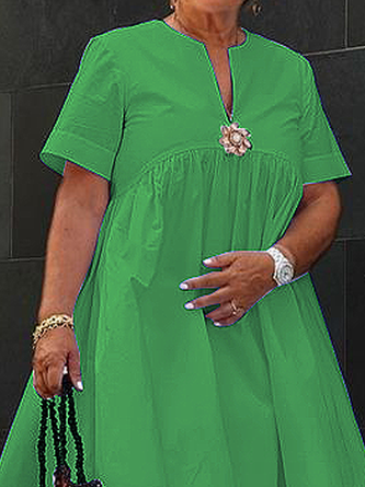 Vacation Floral Brooch Loose Plain Midi Dress