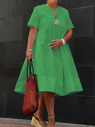 Vacation Floral Brooch Loose Plain Midi Dress