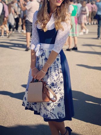 Elegant V Neck Lace-Up Floral Dirndl Dress Three Piece