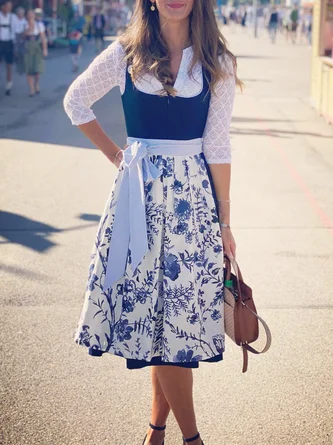 Elegant V Neck Lace-Up Floral Dirndl Dress Three Piece