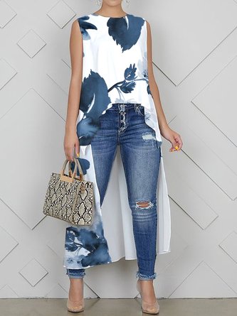 Loose Casual Floral Crew Neck Tank Top