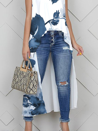 Loose Casual Floral Crew Neck Tank Top