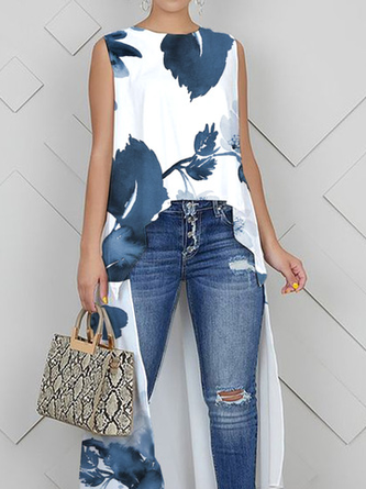 Loose Casual Floral Crew Neck Tank Top