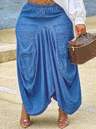 Casual Denim Plain Loose Long Skirt