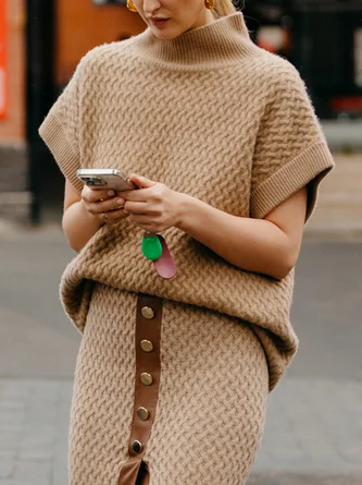 Turtleneck Plain Short Sleeve Loose Urban Sweater