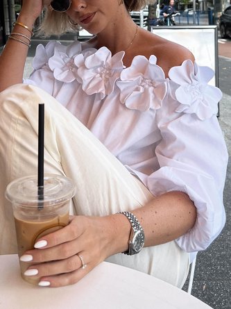 Elegant 3D Floral Cold-Shoulder Loose Shirt